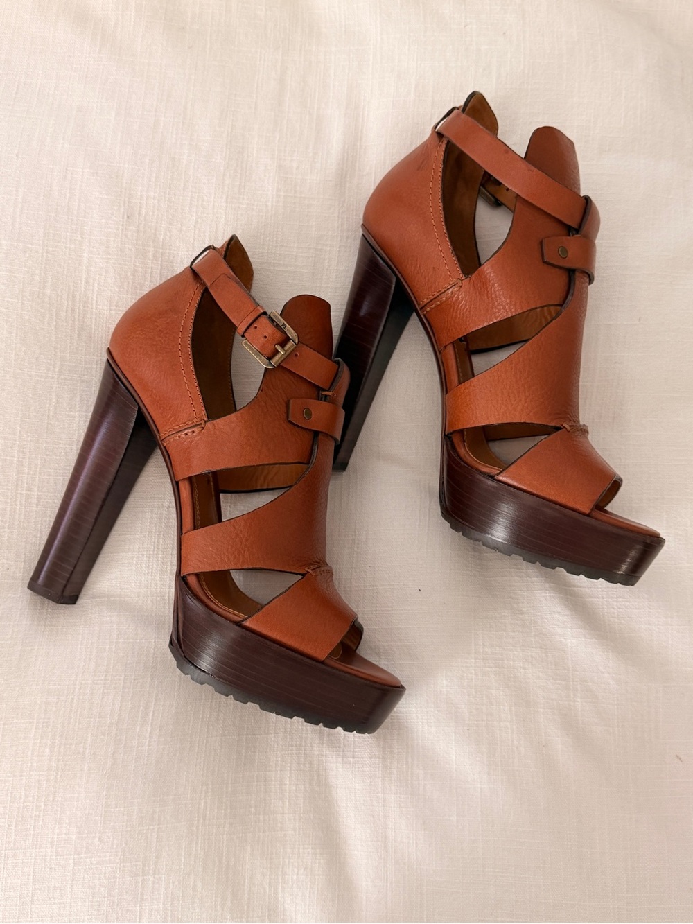 Ralph Lauren Collection ‘Shannen’ Platform Heeled Sandals, Saddle Leather Size 9